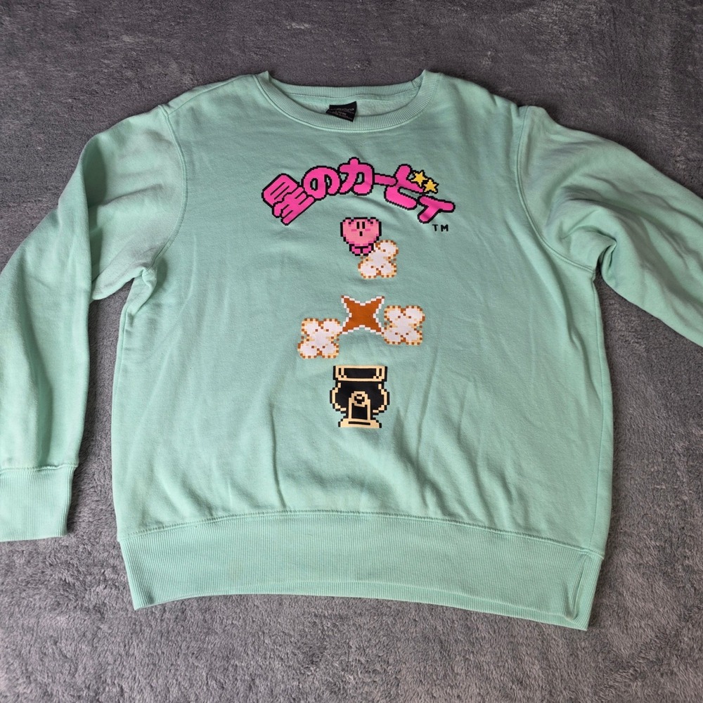 Nintendo Mens L Kirby Adventure Sweatshirt Mint Green Pixel Art Graphic Retro 93